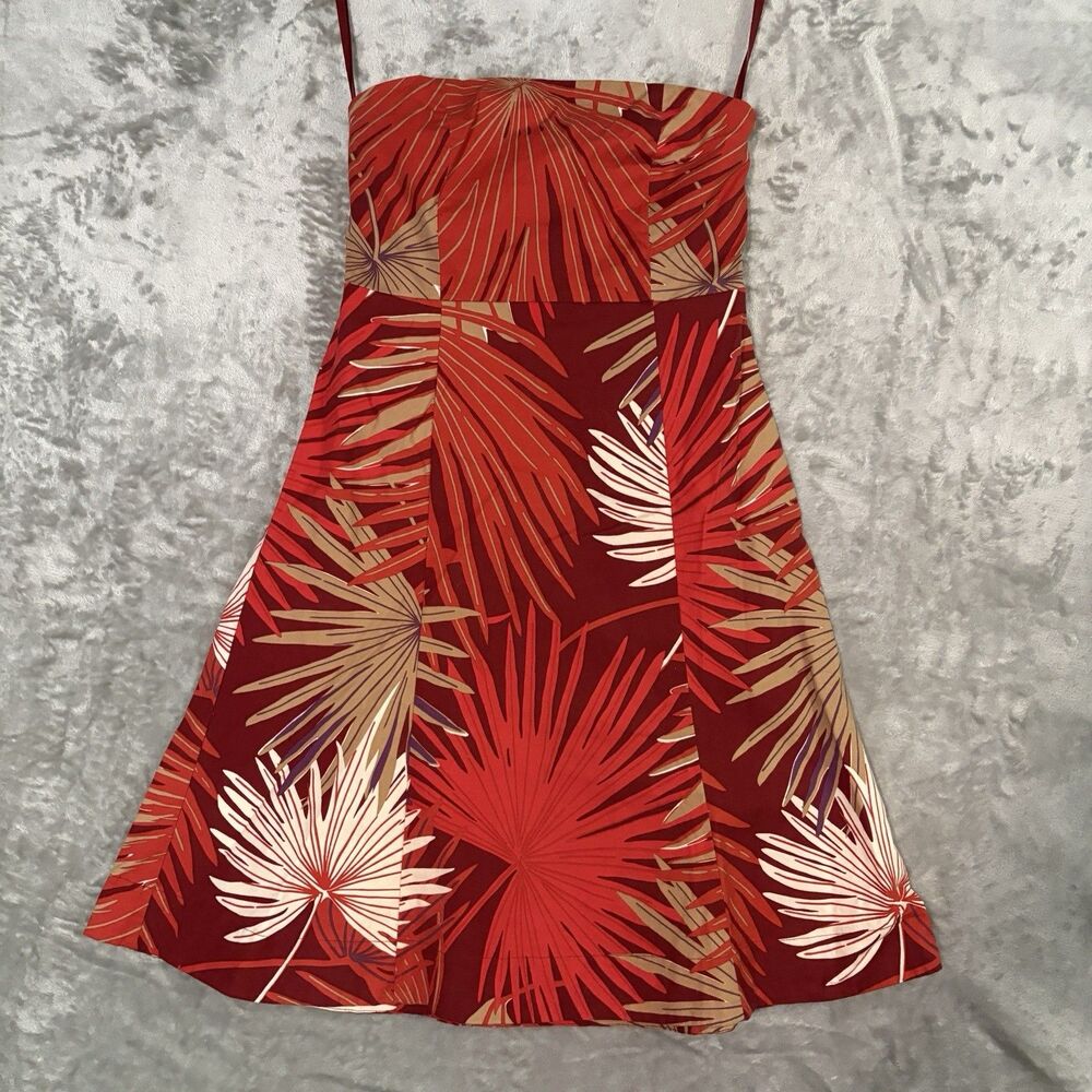 Gap Stretch Tropical Palm Leaf Print Sundress Women 6 Red Strapless Cocktail Y2K